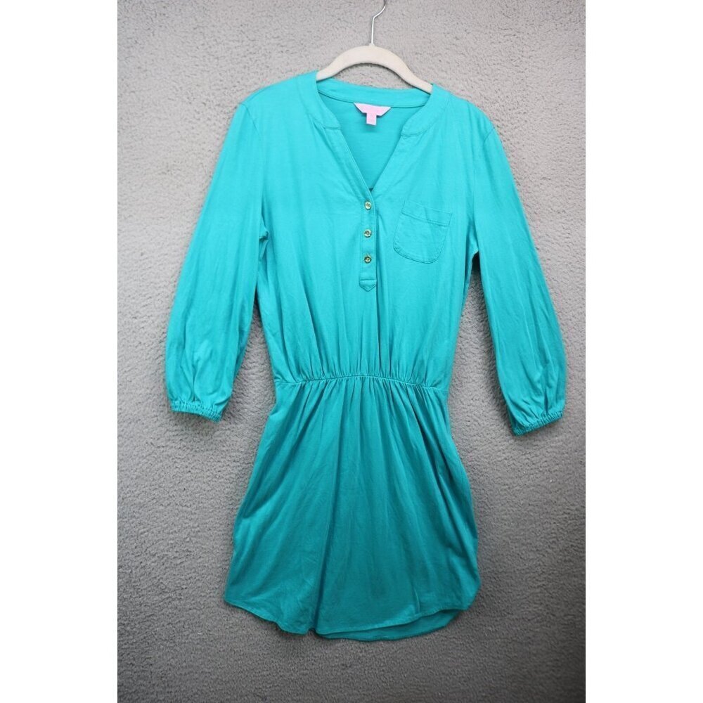 Lilly Pulitzer Teal Long Sleeve Button Dress-Size XS-Pima Cotton
